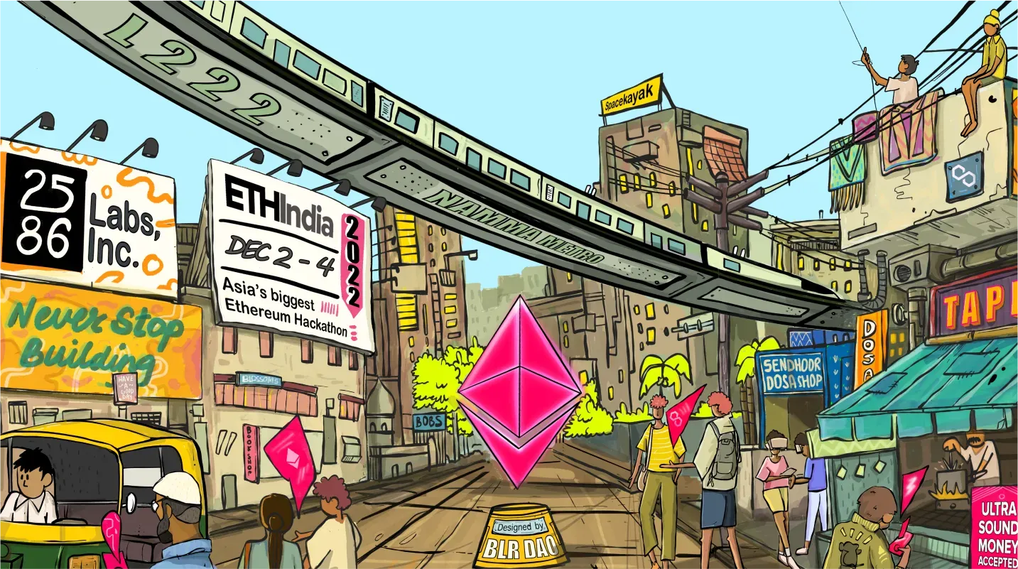 ethindia'22 key visual - an illustrated indian street with the ethereum diamond