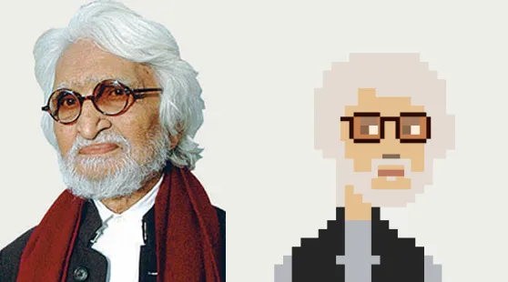 m.f. husain beside the crypto-punk pixel version i made of him