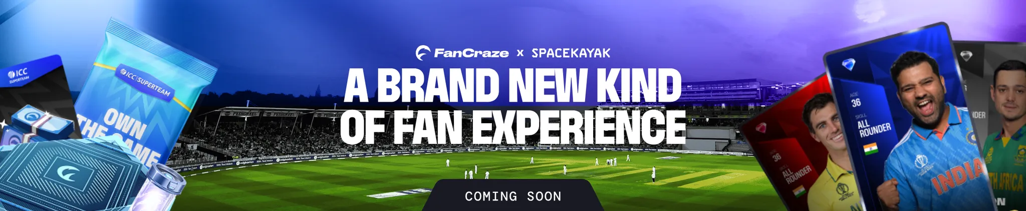 icc superteam key visual - “a brand new kind of fan experience”, cricketers on a stadium banner