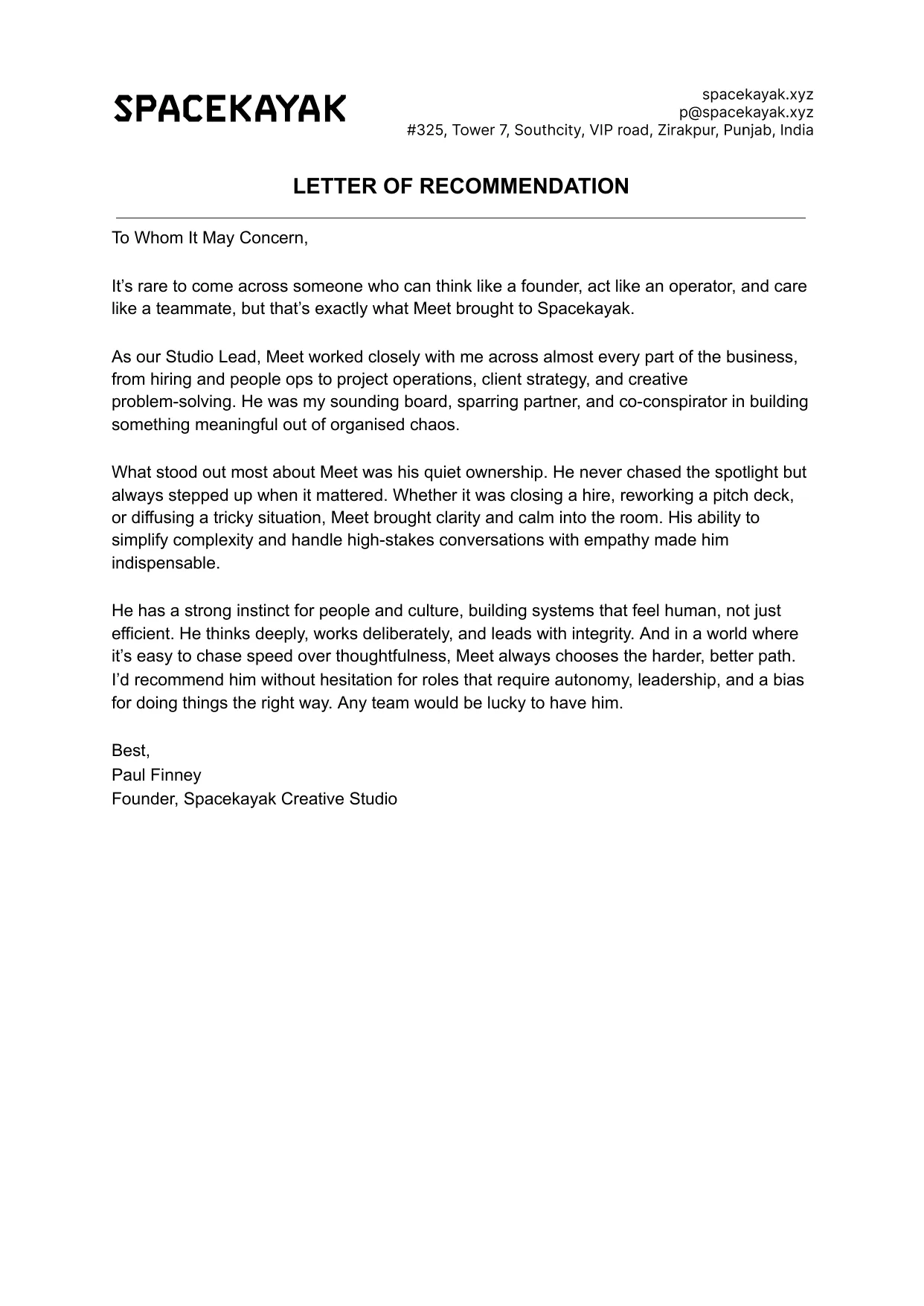 letter of recommendation from paul finney, founder of spacekayak