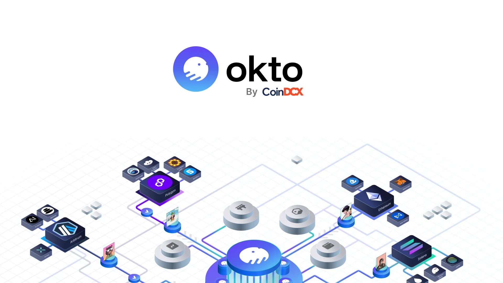 okto by coindcx key visual - an isometric network of chains around the okto mark