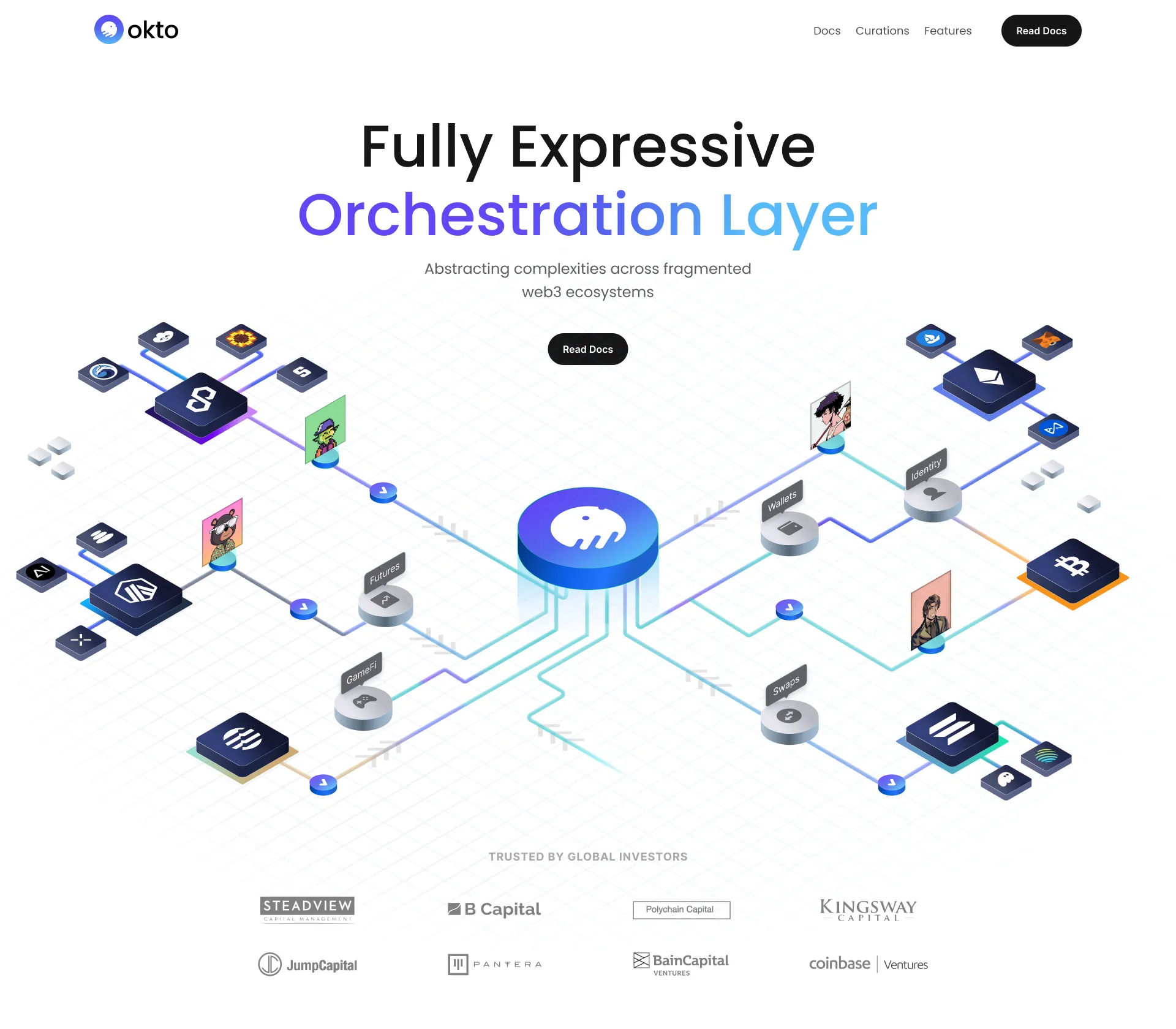 the okto landing page - “fully expressive orchestration layer”
