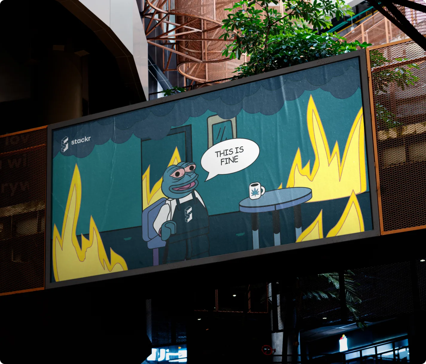 a stackr nft illustration - a cartoon cat at a table in front of a fire, on a billboard