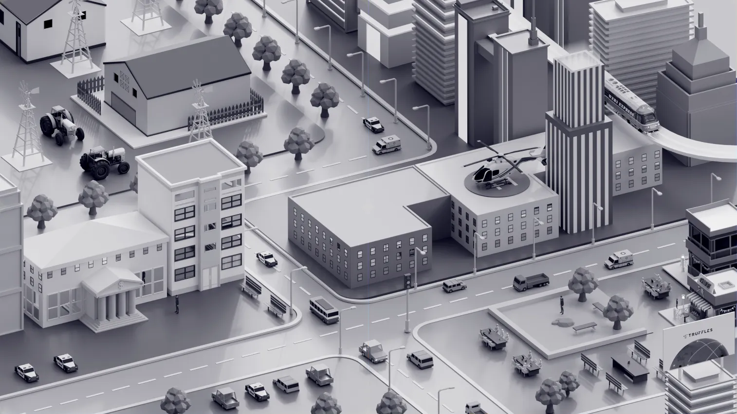 truffles key visual - an isometric greyscale city