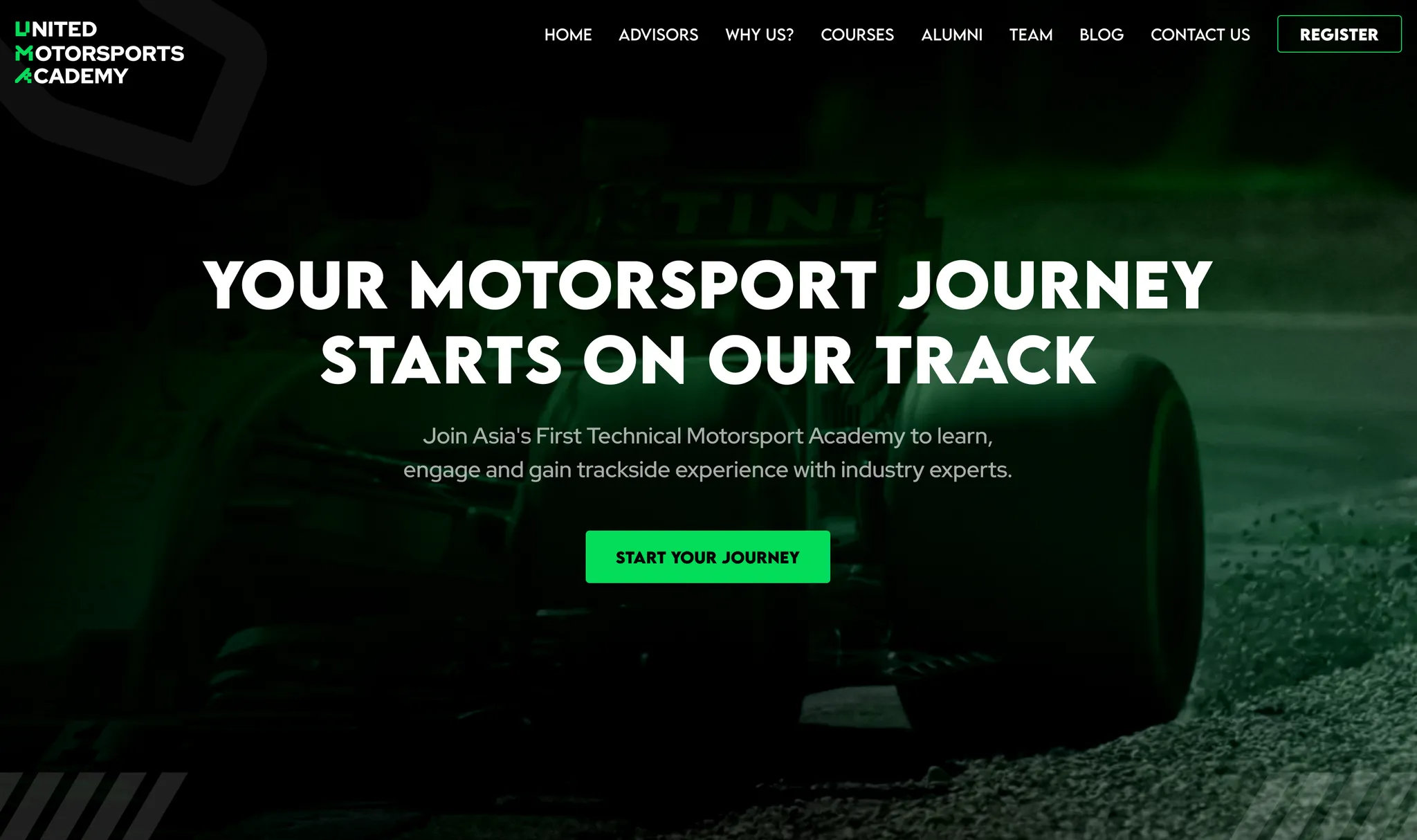 the uma landing page - “your motorsport journey starts on our track”